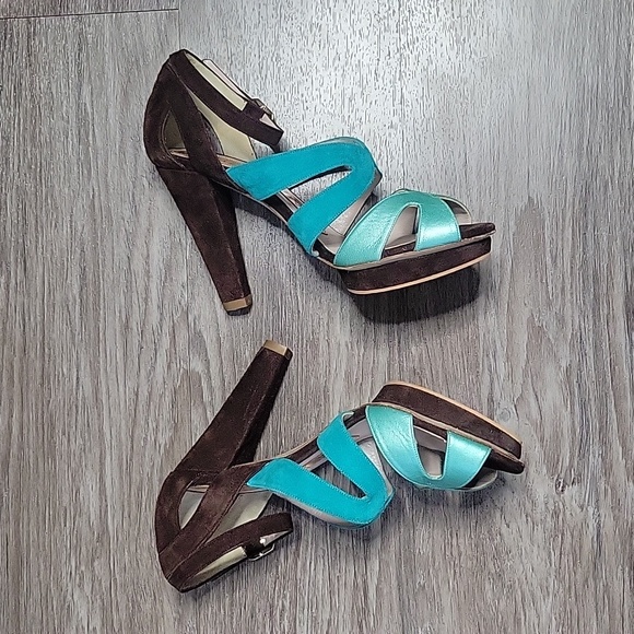 Magrit Spain Leather & Suede Ankle Strap Platform Heels Teal Blue & Brown 37.5 7 - Picture 6 of 16